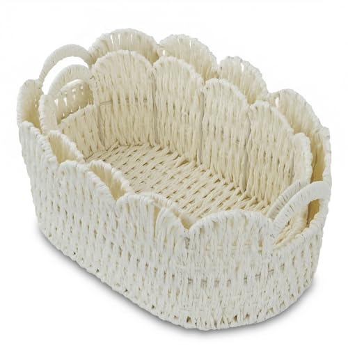 Coeusy Paper Rope Scalloped Basket Set of 2,Hand-woven Storage Baskets for Shelves,Nursery,Books,Toys,Cute Boho Decor Baskets for Organizing,White - color: White