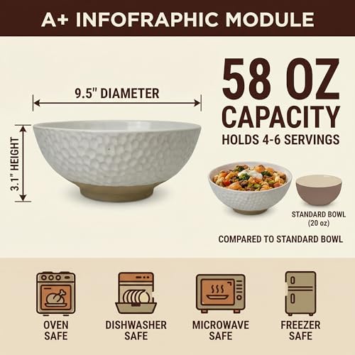 Large Ceramic Dinner Bowl - Handmade Salad Bowl Set, 58 oz. Dishwasher and Oven Safe, Vanilla White 9.5 inch”