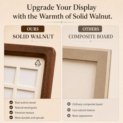 12x12 Solid Walnut 36-Grid Tabletop Shadow Box with Clear PET Panel | 36-Grid Picture Frame Display Case| Walnut shadow box with clear PET panel for flowers, stamps, photos, moms, and collectors.