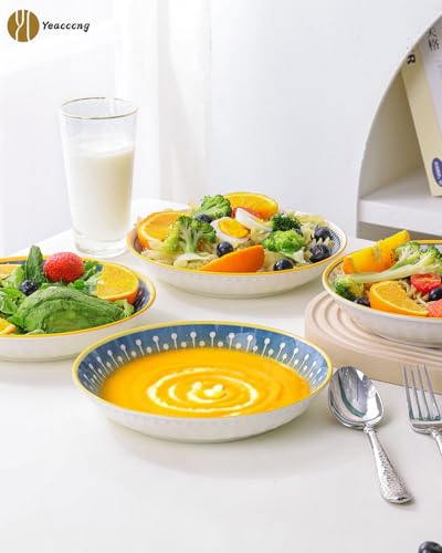 Yeacccng Bohemian Pasta Bowls Set of 4, 8 Inch 24 Oz Ceramic Salad Bowls, Shallow Wide Kitchen Bowls, Lead-Free Cadmium-Free, Dishwasher Microwave Oven Safe, Scratch-Resistant Boho Serving Bowls - size: 8 inch pasta bowl (Colorful*4)