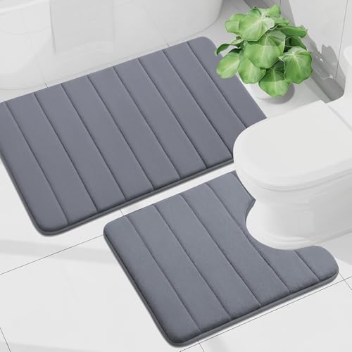 Buganda Memory Foam U-Shaped Toilet Rug Bath Mat Sets 2 Piece, 36x24+24x20 | Dark Grey, Bathroom Mat and Contoured Toilet Rug, Machine Wash Dry, Soft Absorbent Bath Rug for Bathroom, Shower and Tub - color: Dark Grey, size: 36" X 24"+24" X 20"