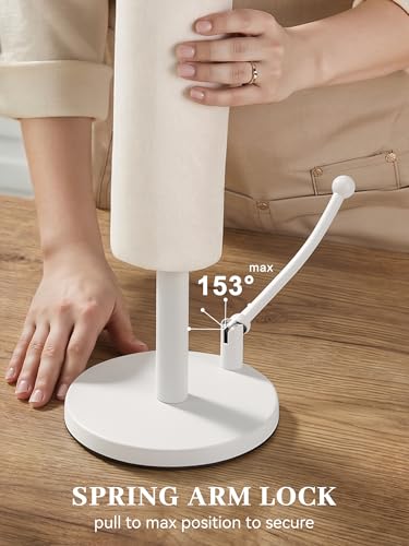 SMARTAKE Paper Towel Holder Countertop, Non-Slip Weighted Base, White | Freestanding Kitchen Roll Dispenser, Rustproof Stainless Steel, Spring Arm for Easy Tear, Widden Top, with 4 Suction Cups - color: 05-white