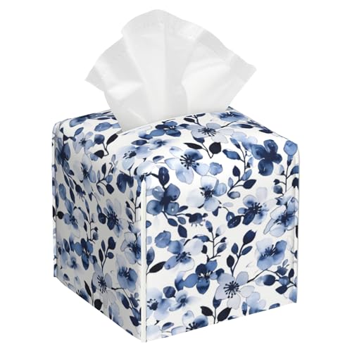 Watercolor Blue Flower Tissue Box Cover Square,Abstract Blooming Floral Leather Tissue Box Holder Decorative Facial Cube Paper Cover Case Organizer for Bathroom Night Stands Desk Home - color: Color20