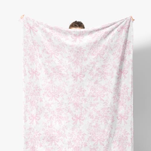 Coquette Bow Floral Blanket, Pink and White Chinoiserie Flower Decorative Throw Blanket for Couch Bed Sofa, Grandmillennial Throw Blankets for Living Room Bedroom Decor, 50x60 Inches - color: Color 04