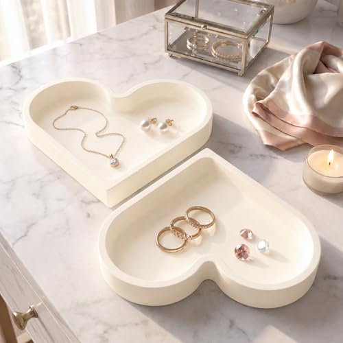 2 Pack Heart Shape Silicone Jewelry Tray, Soft Shatterproof Ring Dish, Small Trinket Tray for Necklace Earrings Keys, Cute Vanity Organizer, Home Decor Gift for Mom Sister Daughter Girlfriend, Beige - color: Beige 2P