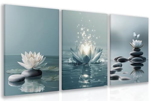 GELDSTEI Wrapped Canvas Lotus Flower Zen Stones Wall Art Set of 3, 16x24 in | Peaceful Zen Wall Decor, Blooming Lotus, Tranquil Water and Stacked Stones Art Prints, Calm Gift for Spa and Meditation Room - color: Zen, size: 24"L x 16"W