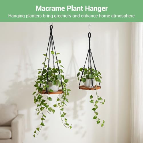 2 Pack Macrame Plant Hanger, 41'' & 32'' Plant Hanger Indoor Set with 12'' & 9.8'' Wood Trays, Bohemian Hanging Planter with Hooks for Living Room Window, Home Decor