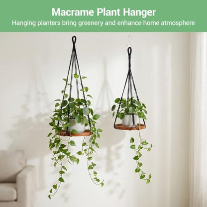 2 Pack Macrame Plant Hanger, 41'' & 32'' Plant Hanger Indoor Set with 12'' & 9.8'' Wood Trays, Bohemian Hanging Planter with Hooks for Living Room Window, Home Decor