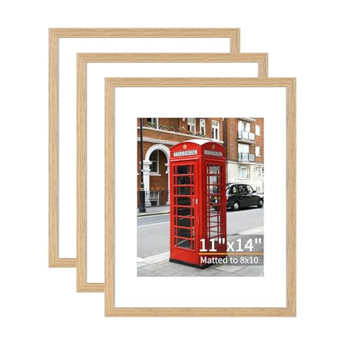ATOBART 11x14 Picture Frame Set of 3, Light Wood, Plexiglass | Fits 8x10 with Mat or 11x14 without; Mounts Horizontal or Vertical; Clear Plexiglass; Light Wood Grain - color: Light Wood, size: 11x14