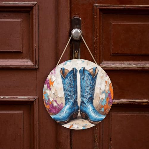 Door Sign Round Wooden Hanging Plaque With Rope Blue Cowboy Boots Impasto Art 12 X 12 Inch Rustic Welcome Wall Decor For Porch Entryway Farmhouse Home