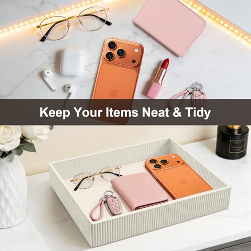 SITHON Valet Tray Desk Organizer PU Leather Catchall | Bedside Vanity Tray Nightstand Caddy Coin Box Key Jewelry Storage Organizer, Graduation, Stripe Pearl White - color: Stripe Pearl White