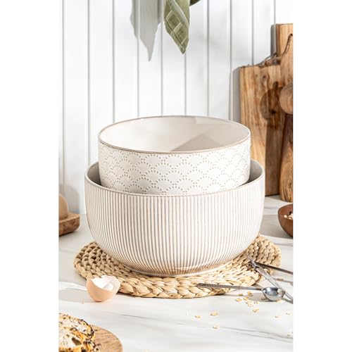 Mikiegy Ceramic Mixing Bowls Set of 2, Nesting Ceramic Embossment Stoneware Mixing Bowls for Cooking, Serving, Popcorn, Salad etc, Microwave & Dishwasher Safe, 98/145 oz, Off-White - size: 98&145 oz