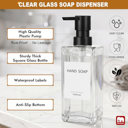 GMISUN Kitchen Soap Dispenser Set, 12 fl oz / 350 ml Dish Soap Dispensers with Sponge Holder, Customized Clear Glass Dish soap Dispenser for Kitchen, Modern Soap Dispensers Set Removable - color: Clear Bottle + Black Rack