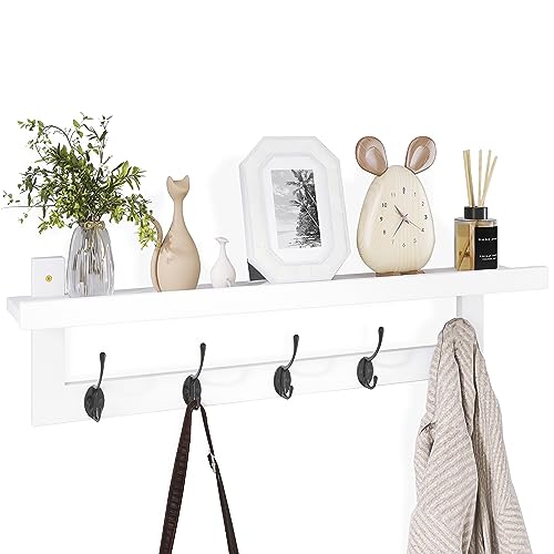 SMIBUY Coat Hooks with Shelf Wall-Mounted, 29.2 Inch Entryway Coat Rack for Wall, Bamboo Hanging Shelf with 5 Double Metal Hooks for Bathroom, Bedroom, Kitchen, Living Room (White + Black) - color: White + Black