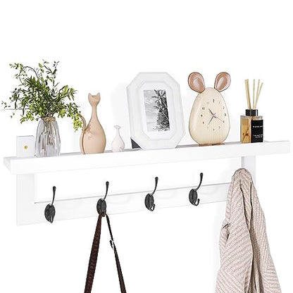 SMIBUY Coat Hooks with Shelf Wall-Mounted, 29.2 Inch Entryway Coat Rack for Wall, Bamboo Hanging Shelf with 5 Double Metal Hooks for Bathroom, Bedroom, Kitchen, Living Room (White + Black) - color: White + Black