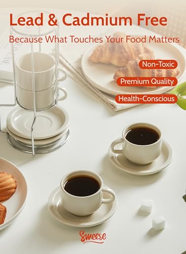 Sweese Porcelain Espresso Cups Set, 2.5 oz, with Saucers, Metal Stand, Stackable - Dove Grey, 4 Pack - color: Dove Grey, size: 2.5 Ounces