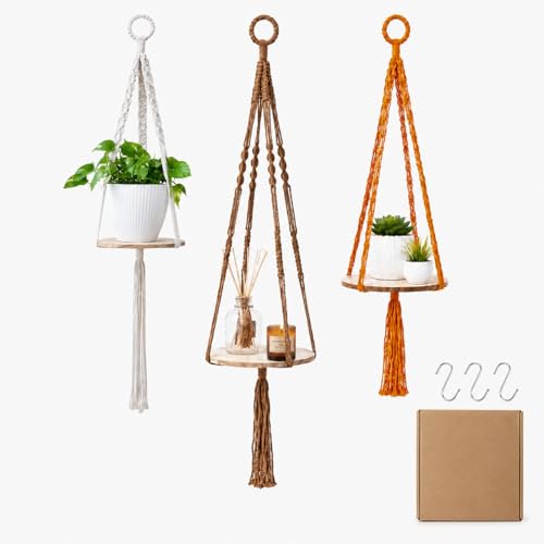 Macrame Hanging Planter with Shelf, Boho Plant Hanger for Indoor Window | Wooden Hanging Plant Shelf with Hook, Plants Basket Holder for Outdoor Balcony Living Room, Farmhouse Rustic Wall Decor, 3PCS - color: Beige + Khaki + Orange