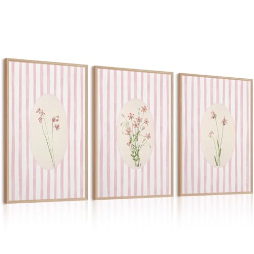 Youillne Pink Flower Wall Art Striped Floral Prints Botanical Canvas Wall Decor Aesthetic Pictures Pastel Pink Floral Poster Minimalist Flower Painting for Girl Room 12x16 Inch Unframed Set of 3 - color: Striped Floral Art, size: 16"L x 12"W, style: Unfra