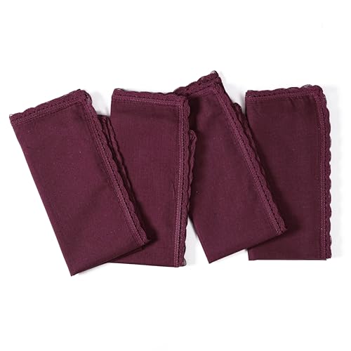 Ramanta Home Burgundy Linen Flax Cloth Napkins Set of 4, 18x18 Inches | Flax Lace Cotton Linen Reusable Decorative Scalloped Dinner Napkins with Mitered Corners for Weddings, Everyday Use - color: Burgundy, size: 18" x 18" (Set of 4)