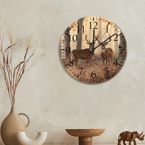 Deer Buck Wall Clock Jungle Deer 15 Inch Large Wall Clocks Battery Operated Silent Modern Boho Retirement Living Room Decor Gift for Man Woman Friend Anniversary