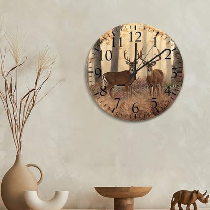 Deer Buck Wall Clock Jungle Deer 15 Inch Large Wall Clocks Battery Operated Silent Modern Boho Retirement Living Room Decor Gift for Man Woman Friend Anniversary