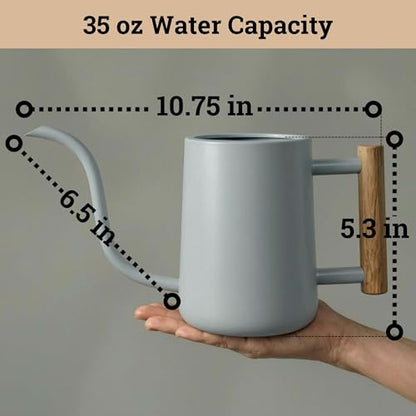 Metal Small Indoor Watering Can with Long Spout & Real Wood Handle, 35oz | Long Spout, Stainless Steel, Real Wood Handle, Gentle Flow, No Spills, Suitable for House Plants, Succulents & Seedlings - color: Gray