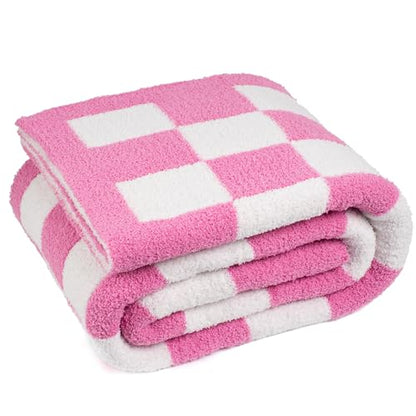 Carriediosa Checkered Throw Blanket 60x80, 400GSM Ultra Soft Microfiber | Hot Pink, Fuzzy Fluffy Cozy Plush Knit Knitted Plaid Checker, Lightweight Cute Preppy Fall Blankets & Throws for Couch, Bed - color: Check - Hot Pink, size: 60" X 80"