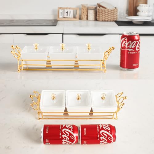 YA JU Ceramic Bowls and with Lid Gold Basket Trays, 3 Removable Small Bowls Condiment Trays Nut Serving Set for Snacks, Fruits, Candy and Condiments - Great for Parties, Holiday Gifts, White - color: White 3 Removable snack Bowls