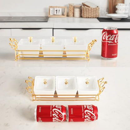 YA JU Ceramic Bowls and with Lid Gold Basket Trays, 3 Removable Small Bowls Condiment Trays Nut Serving Set for Snacks, Fruits, Candy and Condiments - Great for Parties, Holiday Gifts, White - color: White 3 Removable snack Bowls