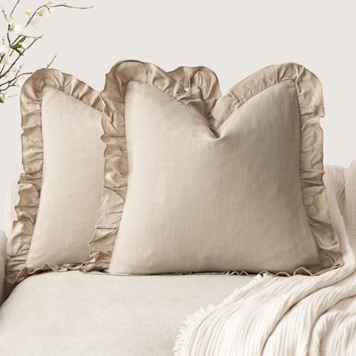 Foindtower Set of 2 Decorative Soild Fringe Ruffle Throw Pillow Covers Soft Boho Farmhouse Cushion Cover Cozy Accent Retro Pillowcase for Couch Sofa Bed Living Room Home Decor,18×18 Inch,Light Tan - color: Semolina, size: 18" x 18" (Pack of 2)