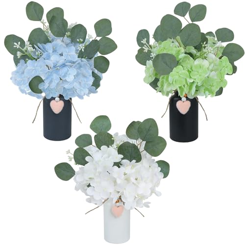 Artificial Potted Plants Faux Hydrangea Flowers in Mason Jar Vase | Small Decorative Fake Plants, Faux Hydrangea and Eucalyptus Arrangements for Kitchen Table Bookshelf Farmhouse Decor