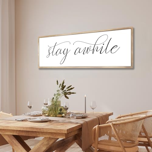 Rutiyoka Stay Awhile Sign Framed Farmhouse Dining Room Wall Decor Large 42"×15" Wood Kitchen Wall Art Brown - color: stay awhile (brown frame)
