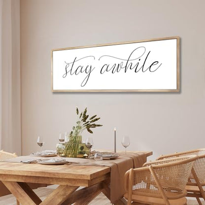 Rutiyoka Stay Awhile Sign Framed Farmhouse Dining Room Wall Decor Large 42"×15" Wood Kitchen Wall Art Brown - color: stay awhile (brown frame)