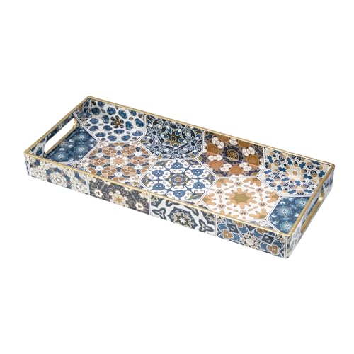 Plastic Bathroom Vanity for Countertop, Narrow Decorative Trays | Rectangular Serving Tray with Hanldes, Storage Dresser Trays Organizer for Toilet Tank, Jewelry, 13.8" X 6" X 1.57", Moroccan - color: Bohemian-7