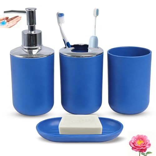 Matte Blue Bathroom Accessories Set, 4 Piece Plastic Bathroom Toothbrush Holder Set, Include Soap Dispenser, Toothbrush Holder, Rinse Cup, Soap Dish, Boho Blue Bathroom Decor for Home, Bathroom Set - color: Navy Blue, size: 4 Piece