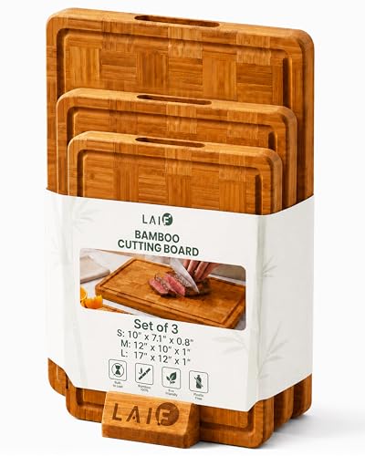 Wood Cutting Boards for Kitchen with Juice Groove, Eco-Friendly Wooden Bamboo Chopping board, Food-Safe, Non Plastic Tabla Para, Carbonized Butcher Block for Meat, Veggies Fruits, 3-Set - style: Set of 3