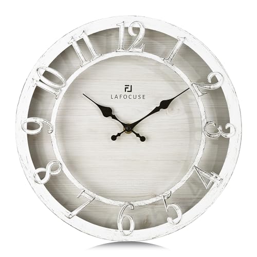 Lafocuse 12 Inch White Kitchen Farmhouse Wall Clocks Battery Operated | Raised 3D Numbers, Silent Non-Ticking, Wood-Grain Dial, Vintage Antique Rustic Distressed Style for Living Room Decor Bedroom - color: White