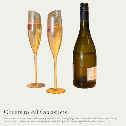 Gold Wine Glasses for Champagne, Set of 2-6oz Champagne Flutes with Slanted Rims, Angled Bowl for Optimal Aeration, Modern, Unique, Decorative Fancy Wine Glasses Set for Women and Men