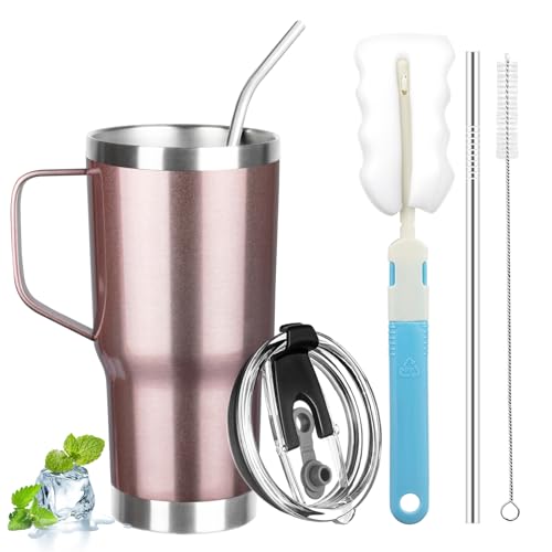 20 oz Tumbler with Handle, Stainless Steel Insulated Tumbler with Lid and Straw, Double Wall Vacuum Coffee Mug Tumbler, Insulated Coffee Thermal Cup for Cold and Hot (Rose gold) - color: Rose Gold, size: 20 Ounces