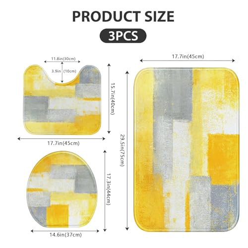 Bathroom Rug Set of 3, Bath Mats Abstract Art | Painting Yellow Grey 3 Pieces No Silp Washable Cover Floor Rug Decorations for Kitchen Bathroom