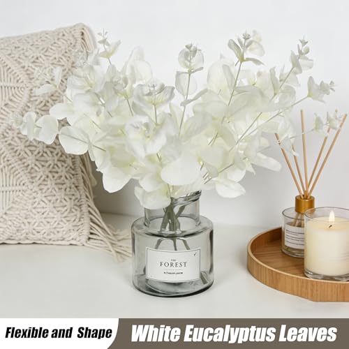 Tinsow 5 Pcs Artificial Eucalyptus Branches Real Touch Leaf Stem White Faux Eucalyptuses Wedding Bouquet Centerpiece Christmas Home Decor (White and Beige Mix, 5) - color: White