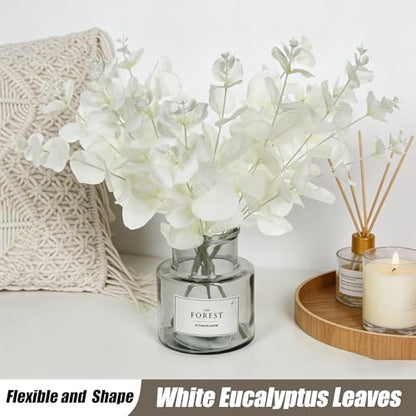 Tinsow 5 Pcs Artificial Eucalyptus Branches Real Touch Leaf Stem White Faux Eucalyptuses Wedding Bouquet Centerpiece Christmas Home Decor (White and Beige Mix, 5) - color: White