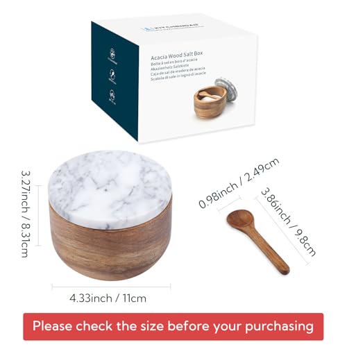 KITCHENDAO Large Acacia Salt Cellar Box Bowl with Built-in Spoon and Marble Lid, Solid Natural Acacia Wood Bath Sea Salt Container, Grey Marble Lid, Pepper Sealer Pinch Bowl, 10oz Capacity - color: Gray