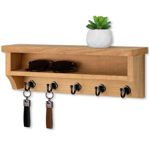 Nekon Key Holder Wall Mount, Wall Organizer Shelf with 5 Key Hooks | Wall Mounted Key Rack Room Decor for Home and Apartment Essentials - color: Wood