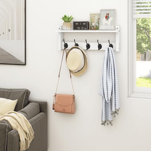Wall Shelf with Hooks, Coat Rack Wall Mount with Pegs, Hanging Entryway Coat Hanger, Wood and Iron Shelf for Bathroom, Hallway, Bedroom, White - color: White, size: 17.1 Inch Long