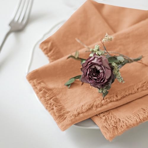 Handmade Cloth Napkins 100% Cotton Napkins with Fringe，Delicate Handmade Cloth Napkins for Dinners, Parties, Weddings and More，18 x 18 Inch Set of 4 - Caramel - color: Caramel