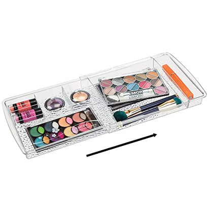 mDesign Expandable Makeup Organizer for Bathroom Drawers, Vanities, Countertops: Organize Makeup Brushes, Eyeshadow Palettes, Lipstick, Lip Gloss, Blush, Concealer - Adjustable Width, 2 Pack - Clear - size: Pack of 2