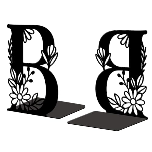 5.3"x4.3"x7.1" Metal Bookends, Heavy Duty Book Ends for Shelves | Letter B with Flower Theme Cast Iron Book Supports, 1 Pair Decor Stoppers for Desk, Library, Office & Home Shelves - style: Letter B with Flower