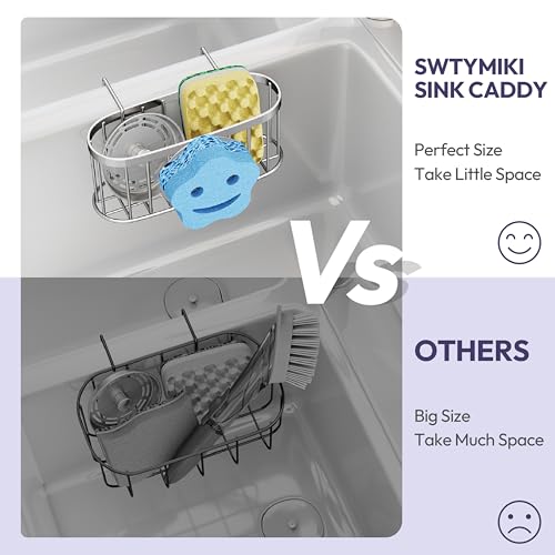 SWTYMIKI Sponge Holder for Kitchen Sink - Movable Sink Caddy with Smiley Face Sponge Holder, Rustproof Hanging Sponge Organizer in Double Bowl Sinks Depth>3.15in, Middle Divider<1.5in, Silver - color: Silver-smiley Sponge Holder