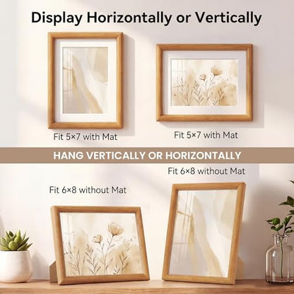 Acovy 6x8 Picture Frame, Natural Solid Teak Wood 6"x8" Photo Frame for Wall, Handcrafted Wooden Frame 6 x 8 Matted to 5x7, High Definition Tempered Glass, Wall Hook Included, Natural Teak - color: Teak, size: 6"x8"